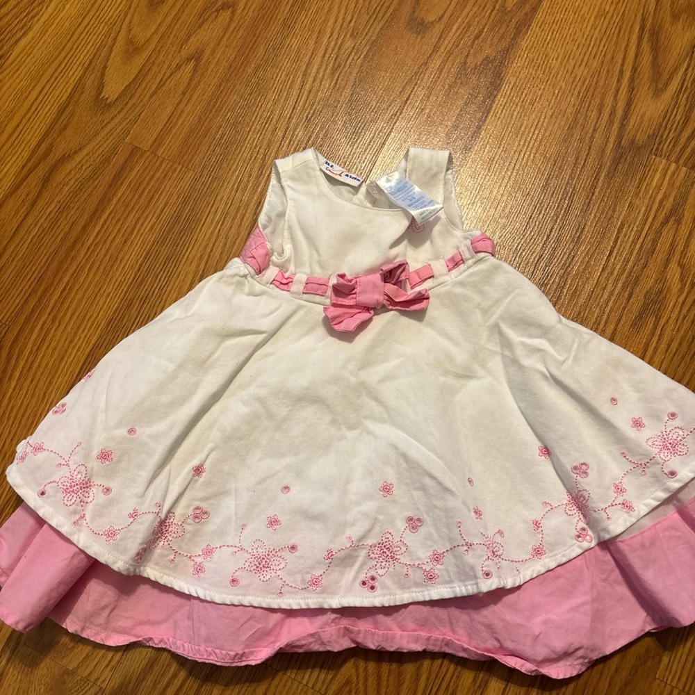 Pink and White Dress with Bow and Floral Embroidery